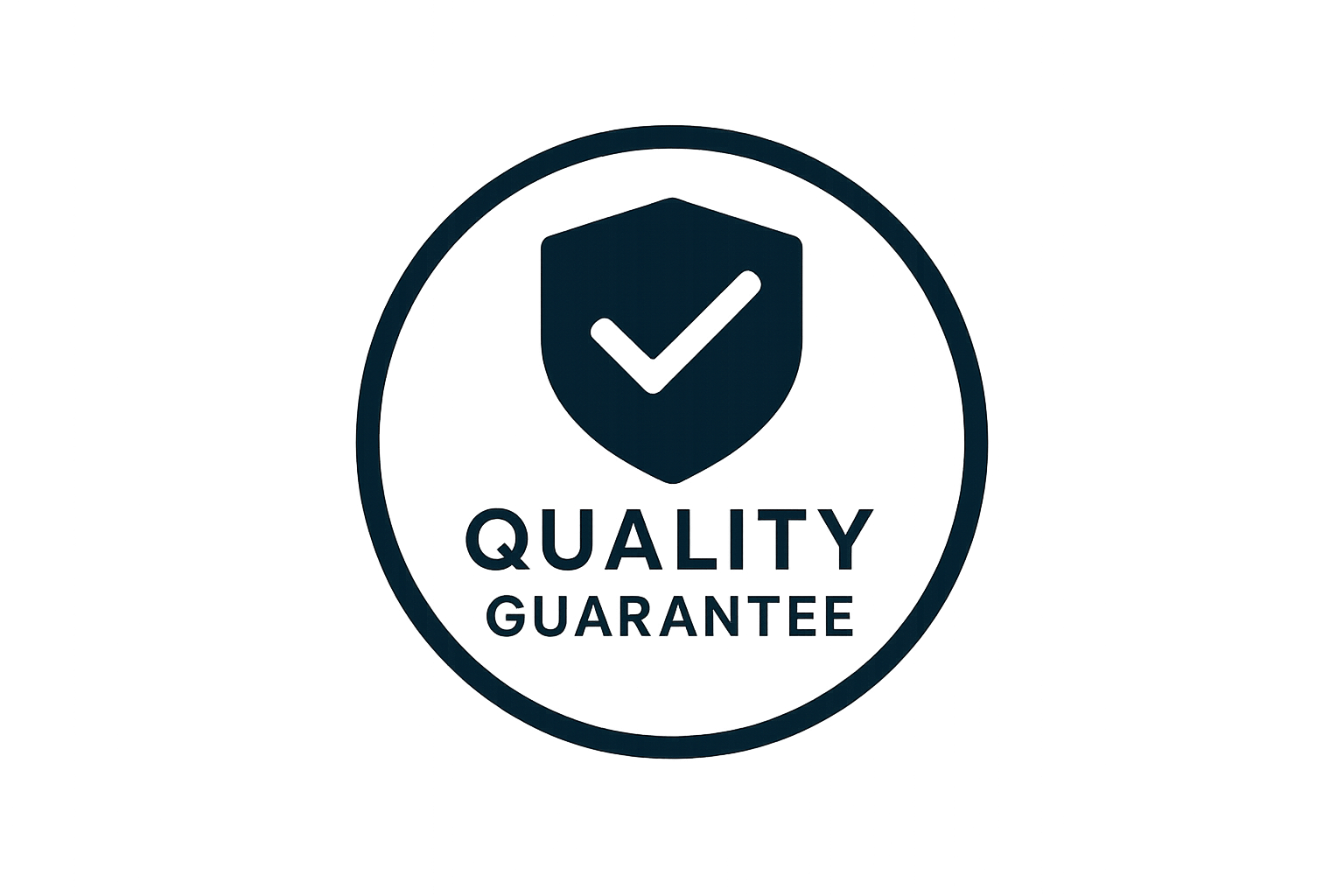 Design a high-resolution, minimalist logo representing a 'Quality Guarantee.' Use clean, modern lines and simple shapes. Include a circular or badge-style emblem with a checkmark or shield icon. Use a premium color palette (dark blue, silver, or black). with a transparent background. The design should be flat, professional, and easy to recognize at small sizes, suitable for e-commerce websites and product pages